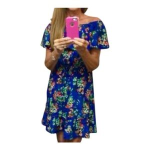 MERONA, NWOT, WOMENS, FLORAL DRESS WITH ELASTICIZED NECKLINE. SIZE XS